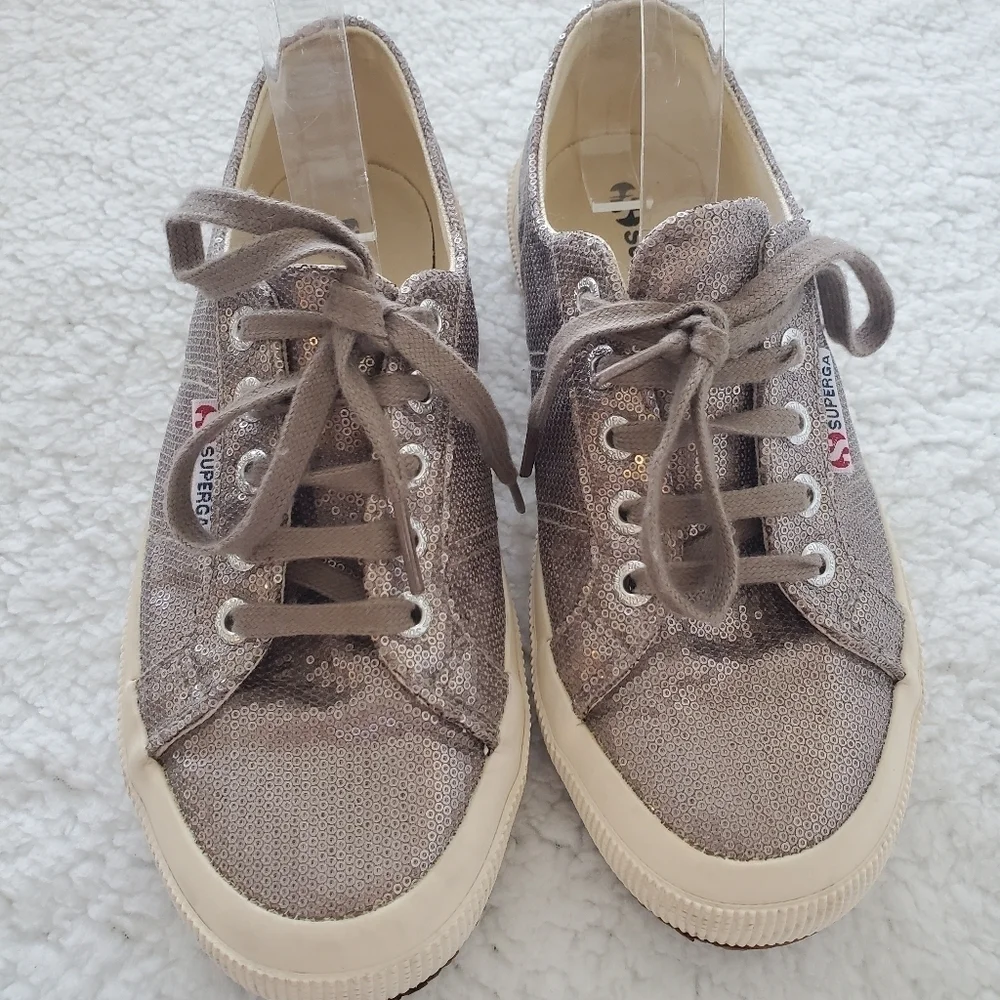 Women's‎ Superga Silver Sequin Canvas Low Top Lace Up Sneakers Size 6 W_ 4.5 M.